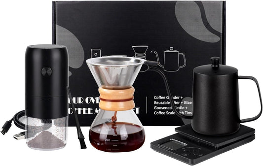 Pour Over Coffee Dripper Set, Hand Drip Coffee Maker Set, All in One Pour Over Kit with Electric Grinder, Coffee Dripper Set, Ideal for Anniversary Birthday Gift