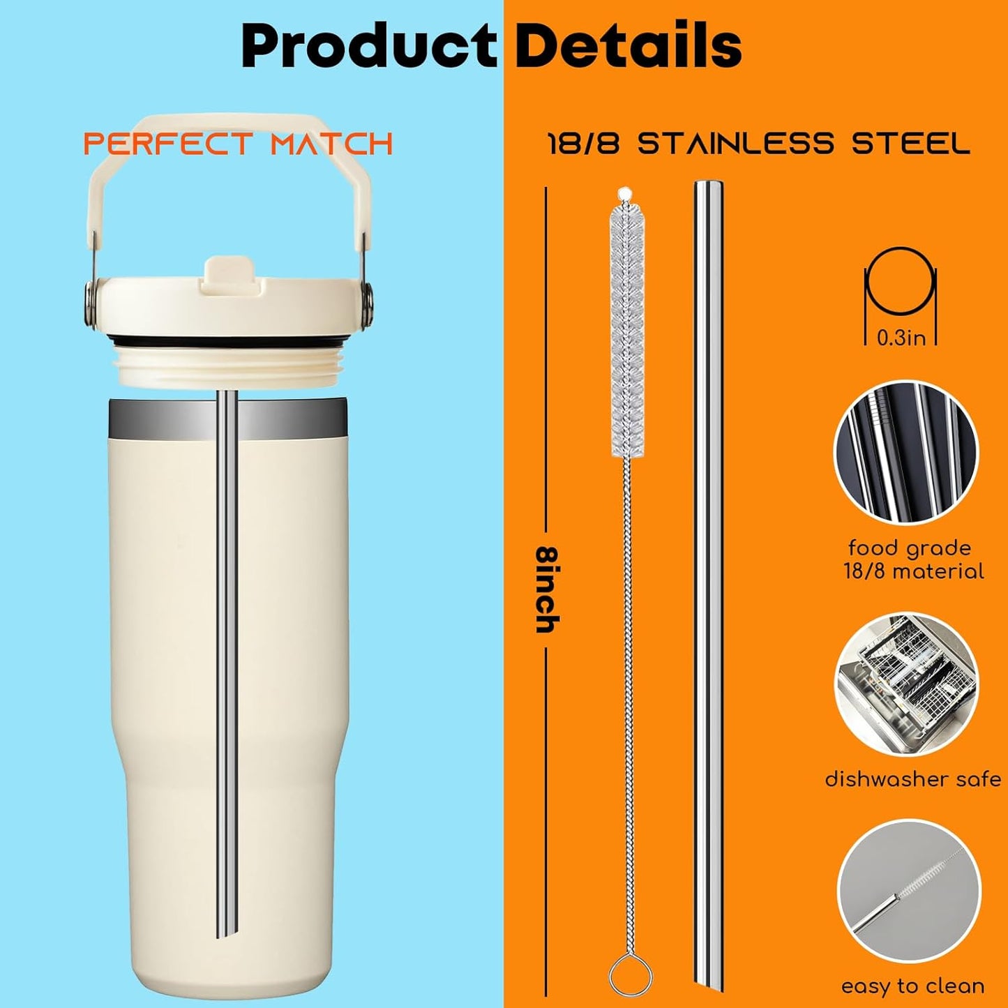 ALINK Stainless Steel Straws Compatible with Stanley Iceflow 30oz Flip Tumbler, 6 Pack Reusable Metal Straws for Stanley Ice Flow 30oz Cup Lid Only, Plus Straw Cleaner Brush