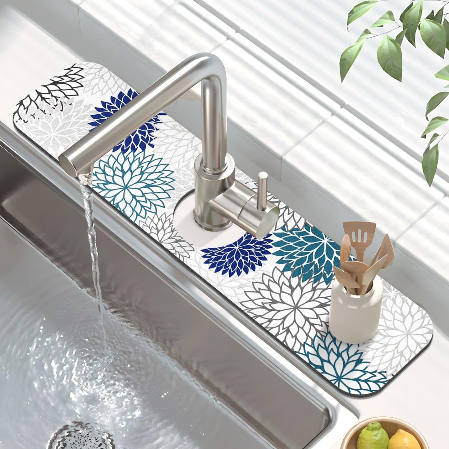 Findosom 2PCS 17" x 32" Dish Drying Mat & 24" x 5.5" Sink Splash Guard, Super Absorbent & Cuttable Dish Mat Drying Kitchen Mat with Blue Floral, Hide Stain Drying Mat for Kitchen Counter