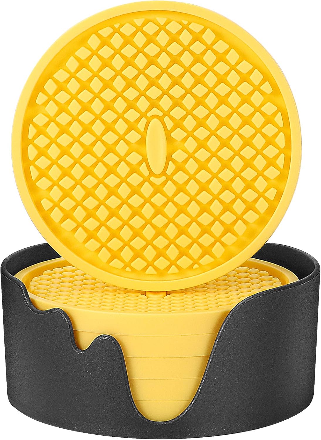 ME.FAN Silicone Coasters [6 Pack] Thickened Drink Coasters with Holder - Cup Mat - Non-Slip, Non-stick, Stay Put, Deep Tray - Prevents Furniture and Tabletop Damages(Yellow)