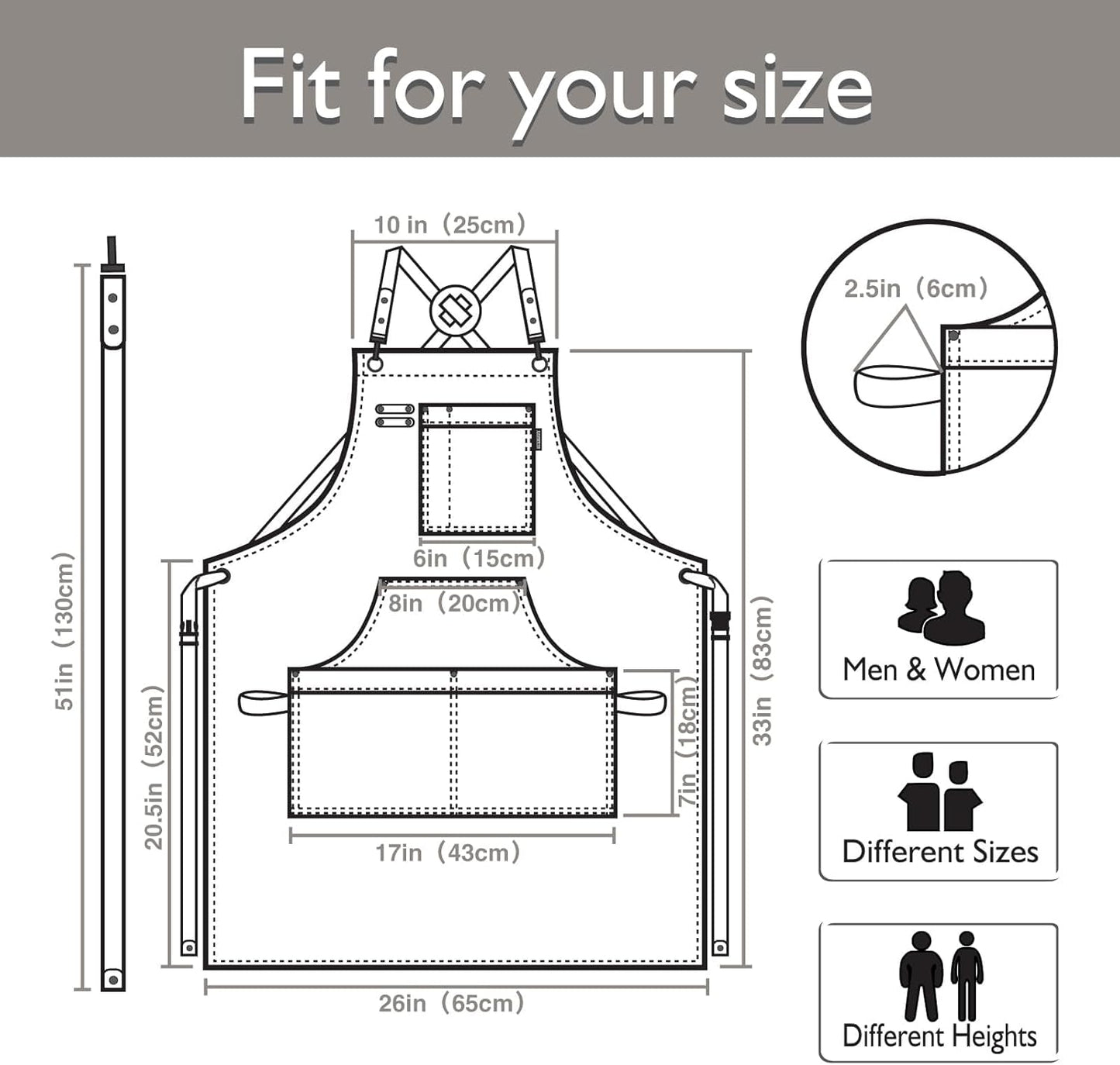 Kitchen Apron, Work Apron, Canvas, Multiple Pockets, Gardening, Painting, BBQ, Artist, Carpenter, Sizes M to XXL, Dark Gray