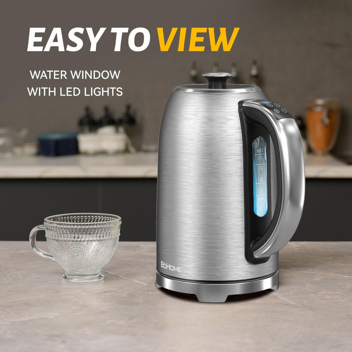 Electric Kettle, 1.7L/1500W, Stainless Steel, Digital Touch Panel, Keep Warm Function, Auto Shutoff, BPA-Free, Hot Water Kettle for Coffee & Tea, No Plastic Contact with Water