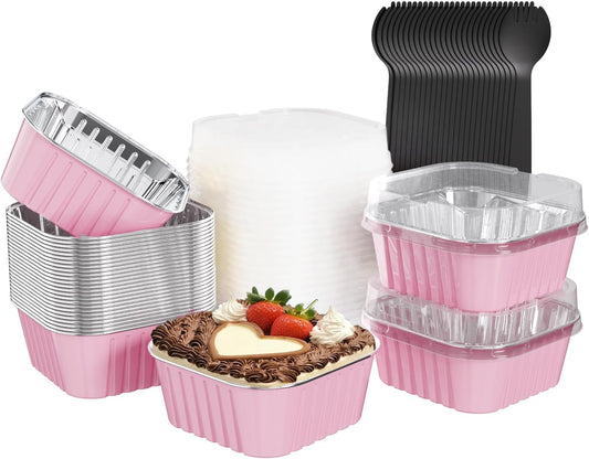 25 Pack Square Mini Cake Pans with Lids,Mini Loaf Pans with Lids,Aluminum Foil Baking Cups,Disposable Ramekins Cupcake Cups,Dessert Cups for Wedding Birthday Party Picnics,5oz (Pink)