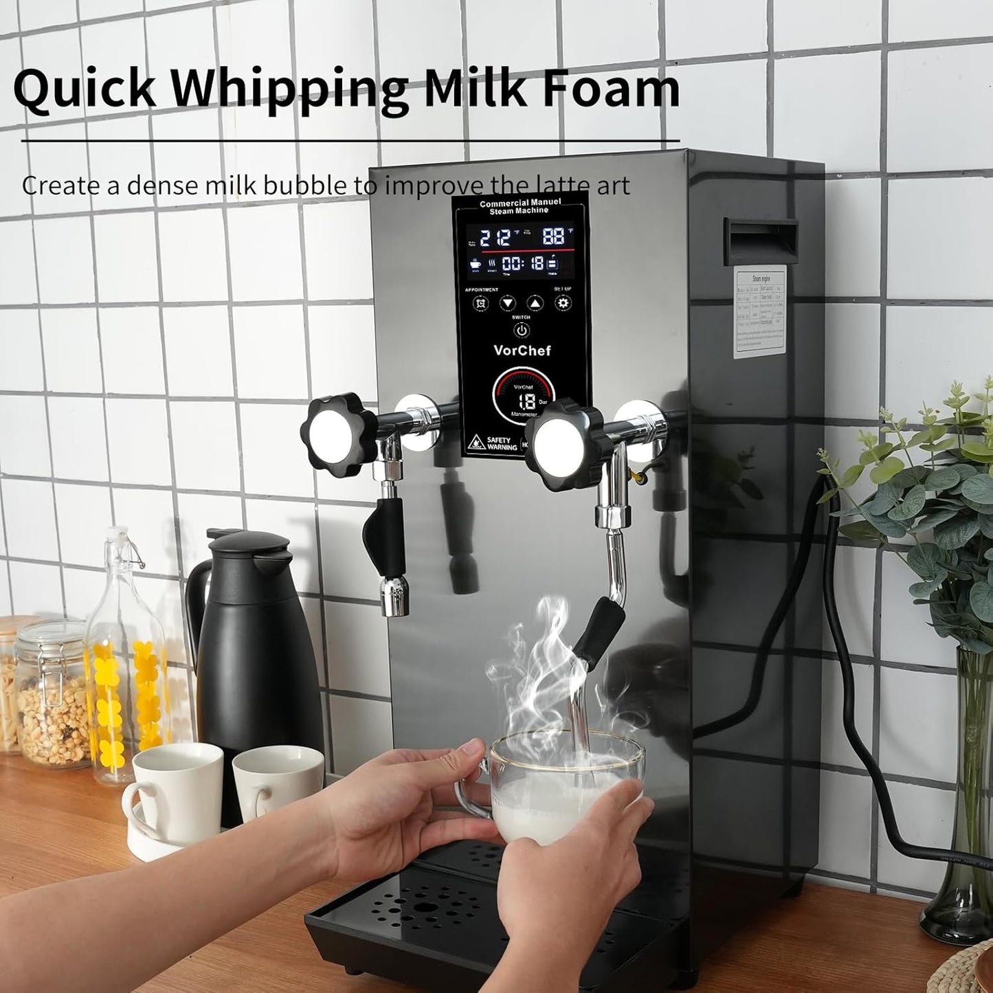 Commercial Milk Frother, 2500W 110V Automatic Steam Boiling Water Machine Electric Steam Milk Frothing Machine Espresso Coffee Milk Foam Machine Steamer with LED Display for Coffee Tea Shop
