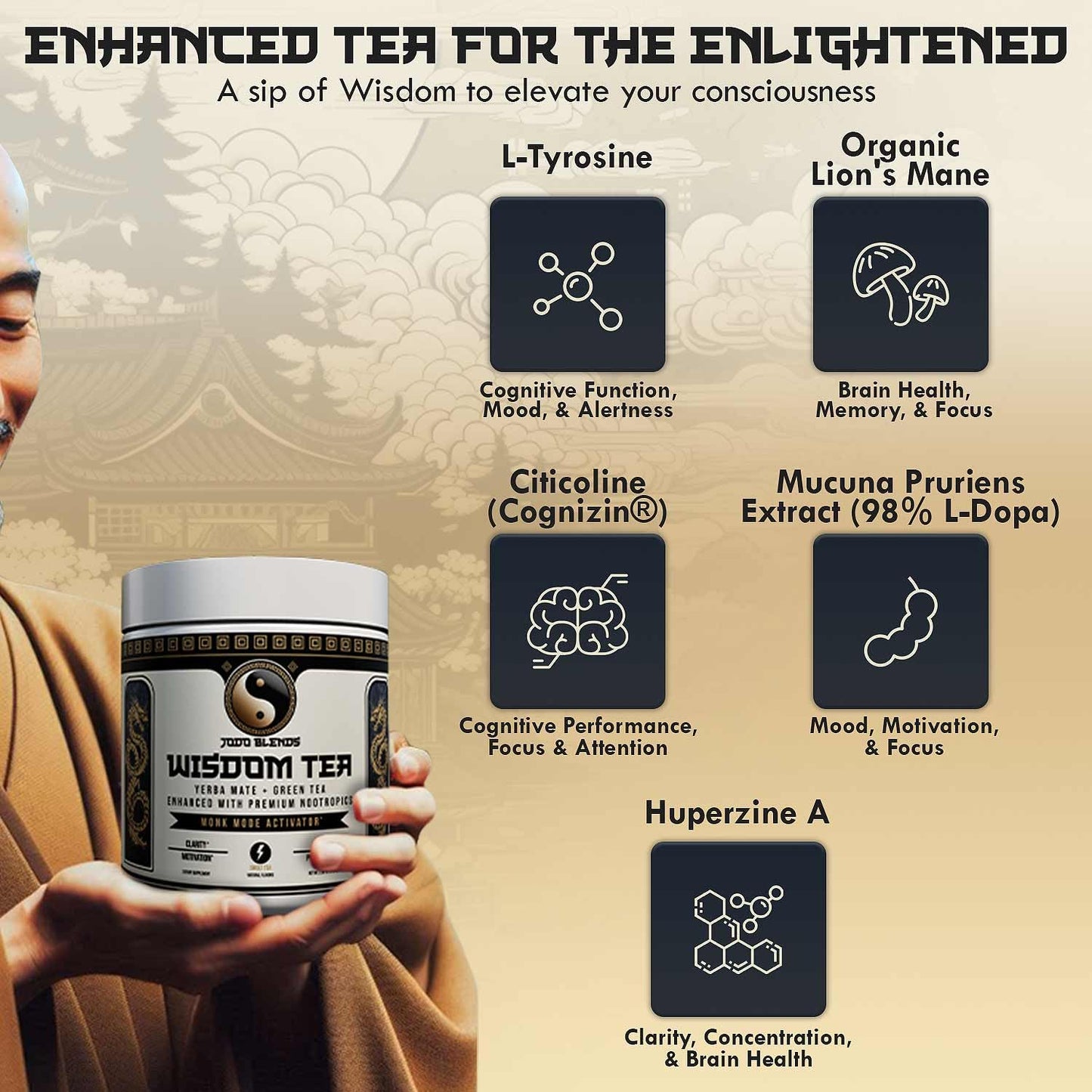 Yerba Mate Brain Tea Powder for Men - Daily Nootropic Drink for Clean Energy, Focus & Mood Support | Powered by Citicoline, L-Theanine, L-Tyrosine & Lion’s Mane | Wisdom Tea - Sweet Tea - 30 Servings