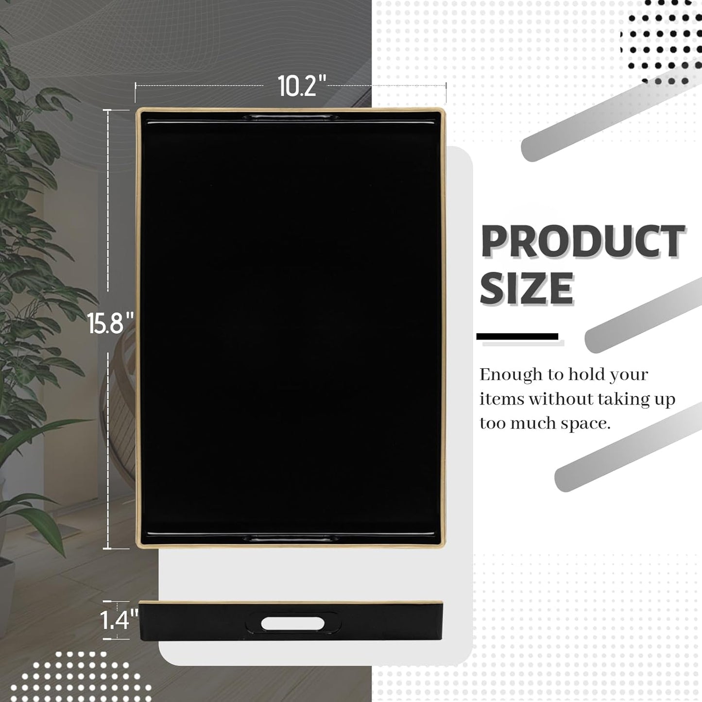 MAONAME Black Decorative Tray for Coffee Table, Modern Serving Tray with Handles, Plastic Rectangular Tea Tray for Ottoman, Bathroom Decor, 15.8” X 10.2” x1.4