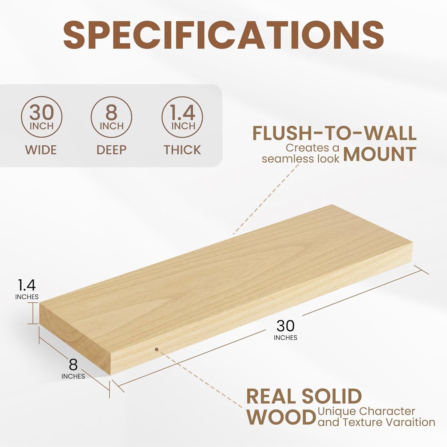 Fun Memories Rustic Floating Shelves for Home Decor, 8 Inch Deep Floating Shelf, Solid Wood Floating Wall Shelves 30 Inch Long, Deep Wall Shelves for Bathroom, Living Room, Natural Finsh, Set of 2