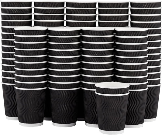 Lamosi 8 oz Disposable Coffee Cups - 120 Pack, Insulated Corrugated Paper Cups, Kraft Ripple Wall Cups for Hot Beverage or Cold Drinks (Black)