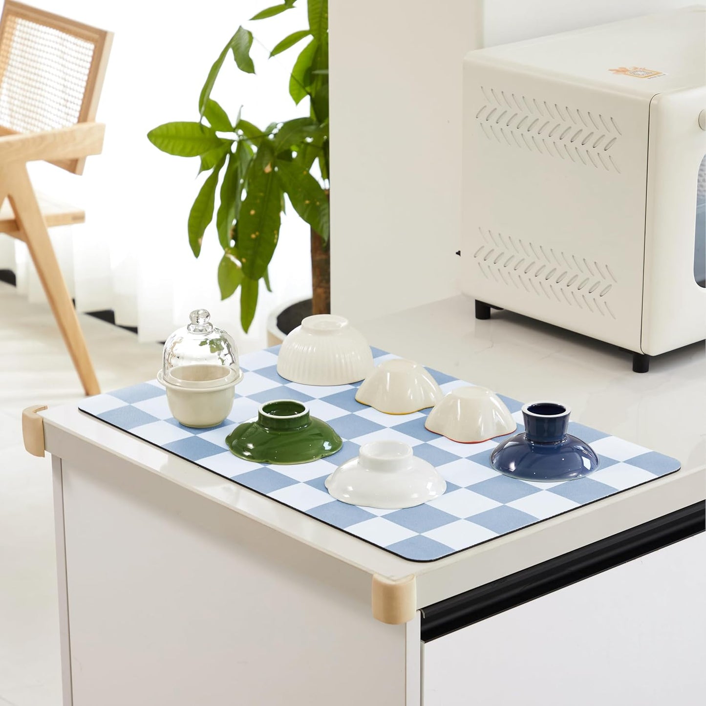 Checkered Dish Drying Mat for Kitchen Counter, Coffee Bar Station Accessories, Retro Cute Aesthetic Absorbent Coffee Mat Kitchen Drying Mat Easy Clean, Blue 12" x 19"