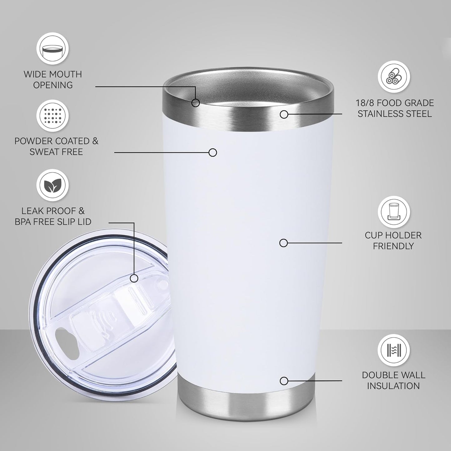 20 oz Tumbler Stainless Steel Tumblers Bulk with Lid Double Wall Insulated Coffee Tumbler Cups for Hot & Cold Drinks Powder Coated Travel Coffee Tumbler Mug Metal (White, 6 pack)
