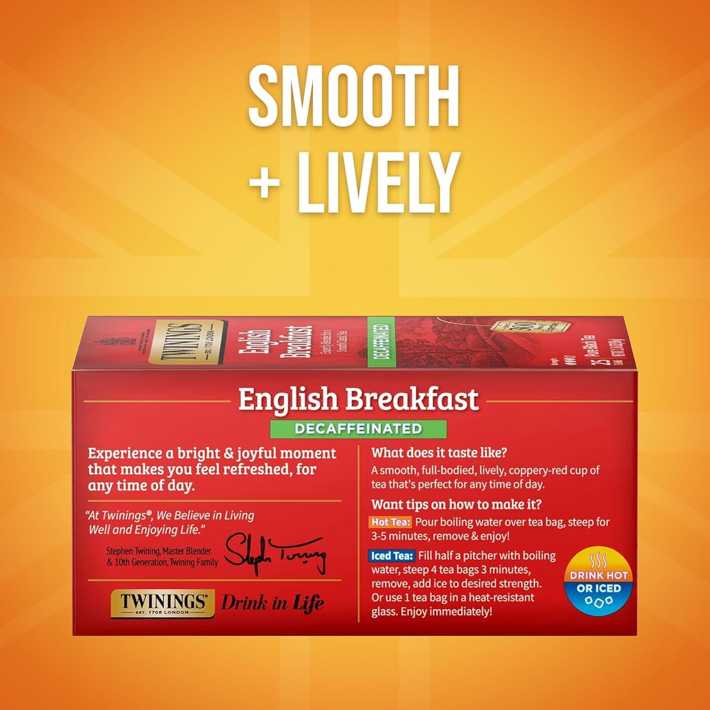 Twinings Decaffeinated English Breakfast Black Tea Individually Wrapped Bags, 25 Count (Pack of 6), Flavourful, Robust, Enjoy Hot or Iced, 150 Teabags