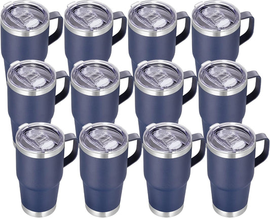 VEGOND 20 oz Tumbler Bulk with Handle Lid and Straw, Stainless Steel Insulated Travel Coffee Mug Set, Spill Proof Double Wall Metal Tumblers Cups, Powder Color Navy Blue 12 Pack