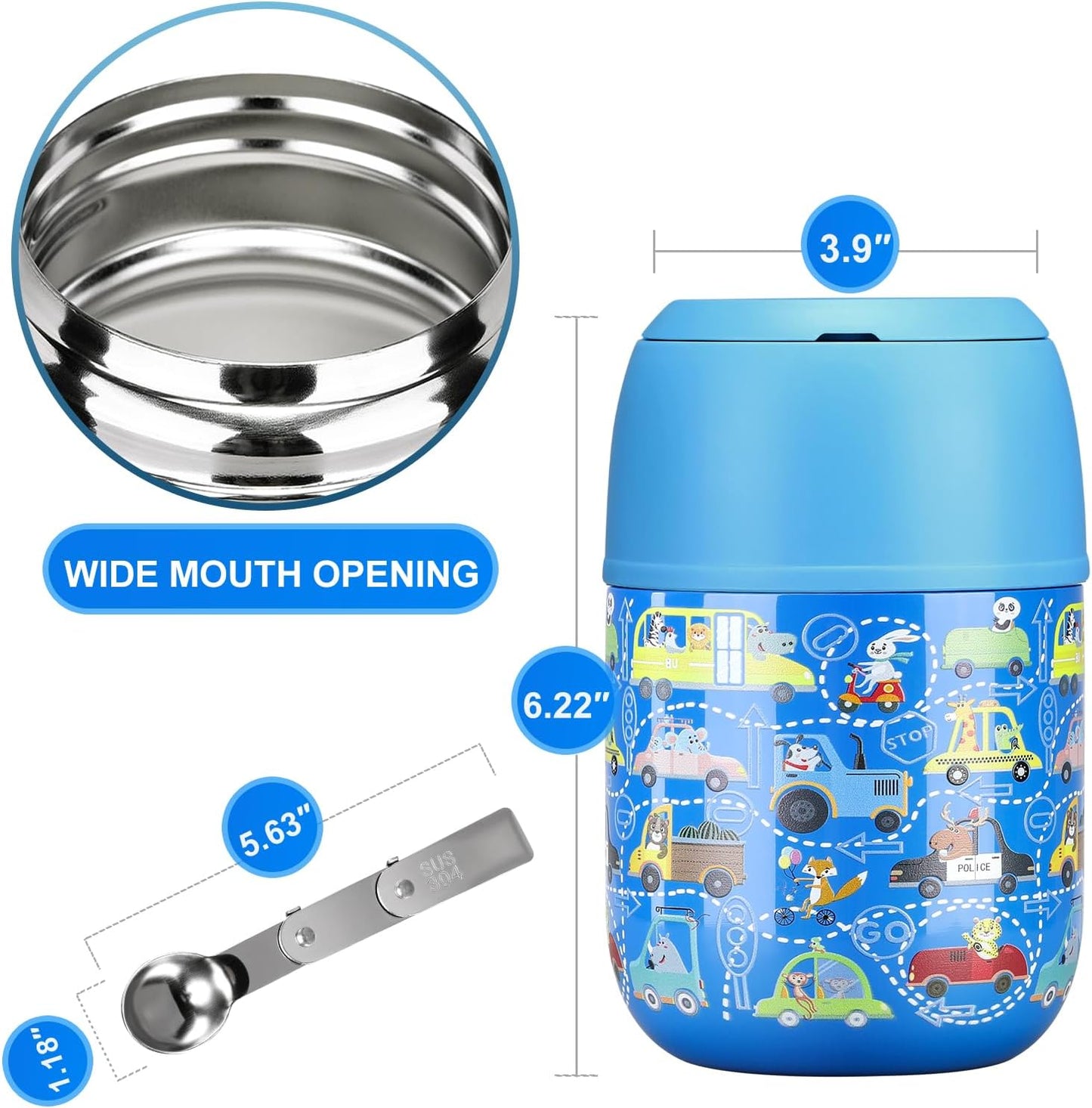 17 oz Insulated Lunch Containers Hot Food Jar, Wide Mouth Lunch Thermo for Kids Adults, Vacuum Stainless Steel Lunch Box With Handle Folding Spoon for School, Office Blue - Car