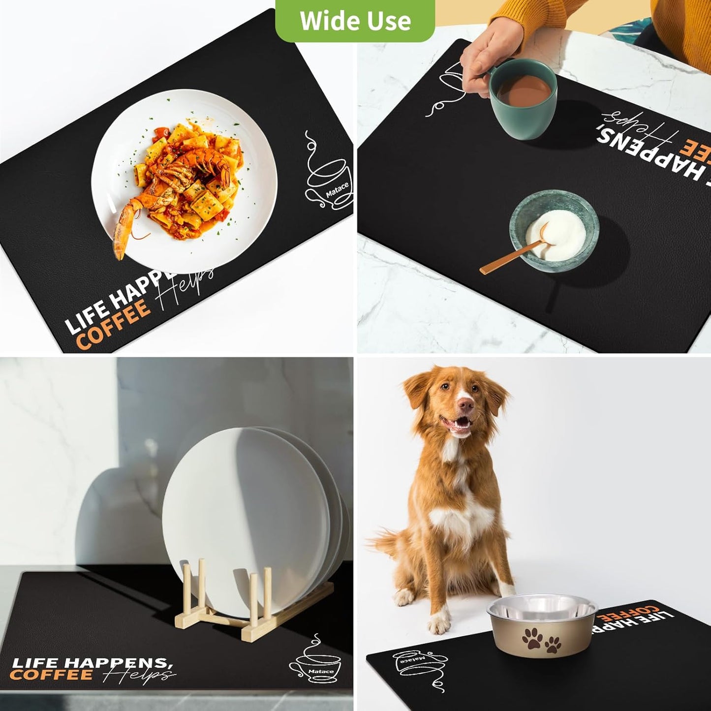 Matace Designer Coffee Bar Mat, Extra Large 17 x 31.5 Inches, Rubber Backing, Absorbent Coffee Maker Mats for Dish Drying, Kitchen Countertop, Life Happens Coffee Helps, Black