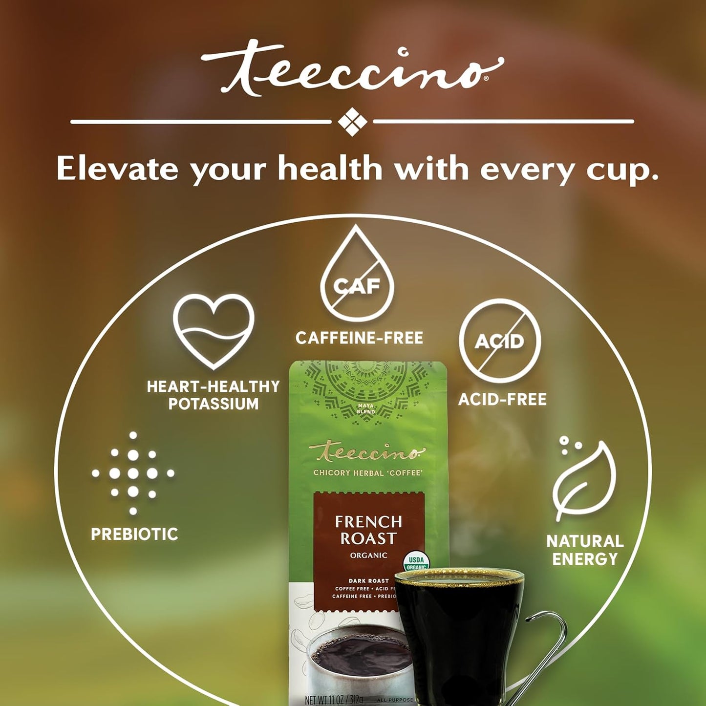 Teeccino French Roast Chicory Coffee Alternative, 11 Ounce: Ground Herbal Coffee That’s Prebiotic, Caffeine-Free & Acid-Free, Dark Roast, with Carob and Chicory, No artificial flavors