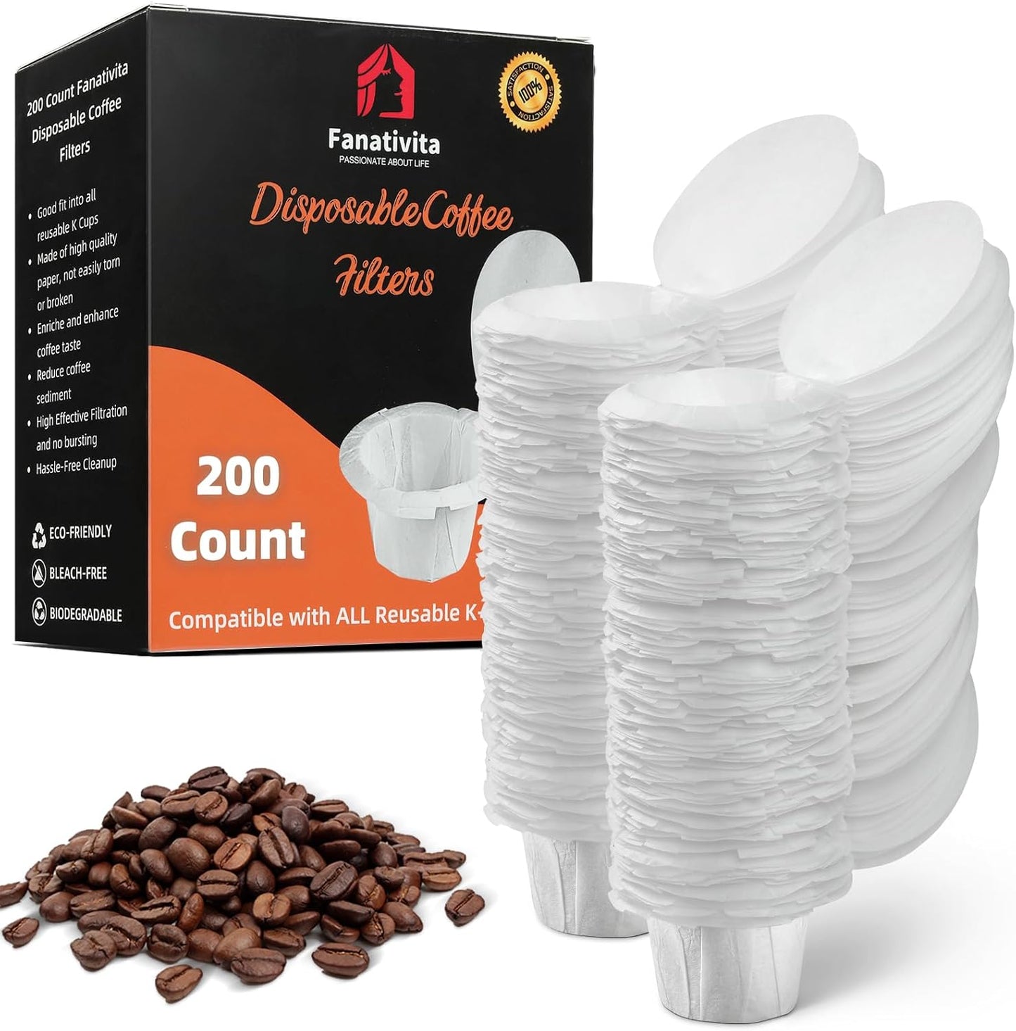 200 Count Fanativita K Cup Filters Disposable with Genius Lid Design, Fit All Reusable K Cups for Keurig (White)
