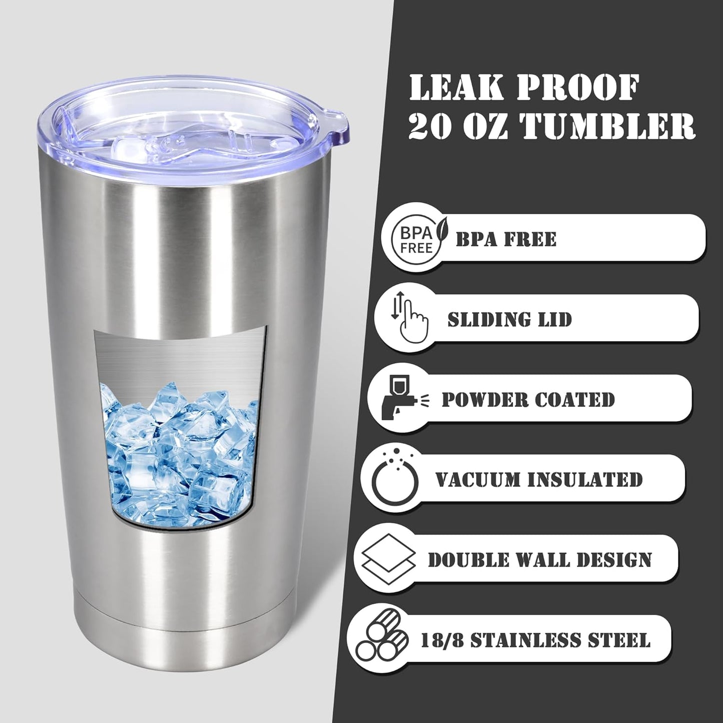 20 oz Tumbler with lid Double Wall Vacuum Insulated Tumblers Stainless Steel Coffee Mug Travel Coffee Tumbler Powder Coated Tumbler Cup Keep Hot&Cold - (Stainless 1 Pack)