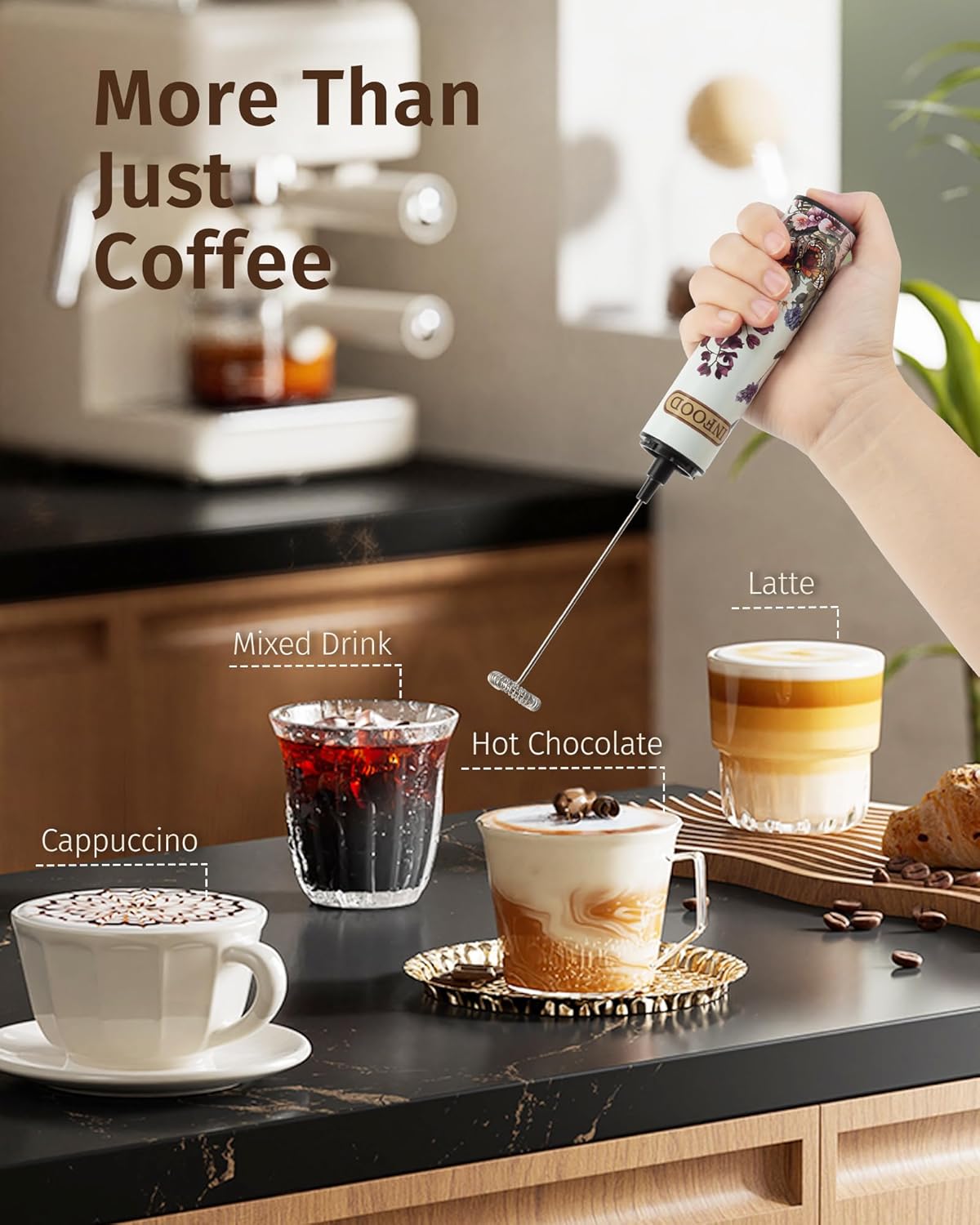 Milk Frother Rechargeable with Cover - Coffee Frother Wand, Drink Mixer Handheld with 2 Detachable Stainless Whisks 2 Speed Adjustable for Latte, Cappuccino, Hot Chocolate, Egg, White Floral