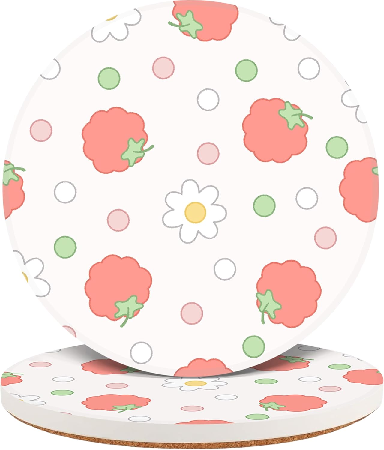 Ceramic Coasters Set of 2, Absorbent Drink Coasters with Cork Backing, Cute Strawberry Daisy Design, Round Tabletop Cup Coasters for Home, Kitchen, Coffee, Bar, Housewarming Gifts#2 pcs