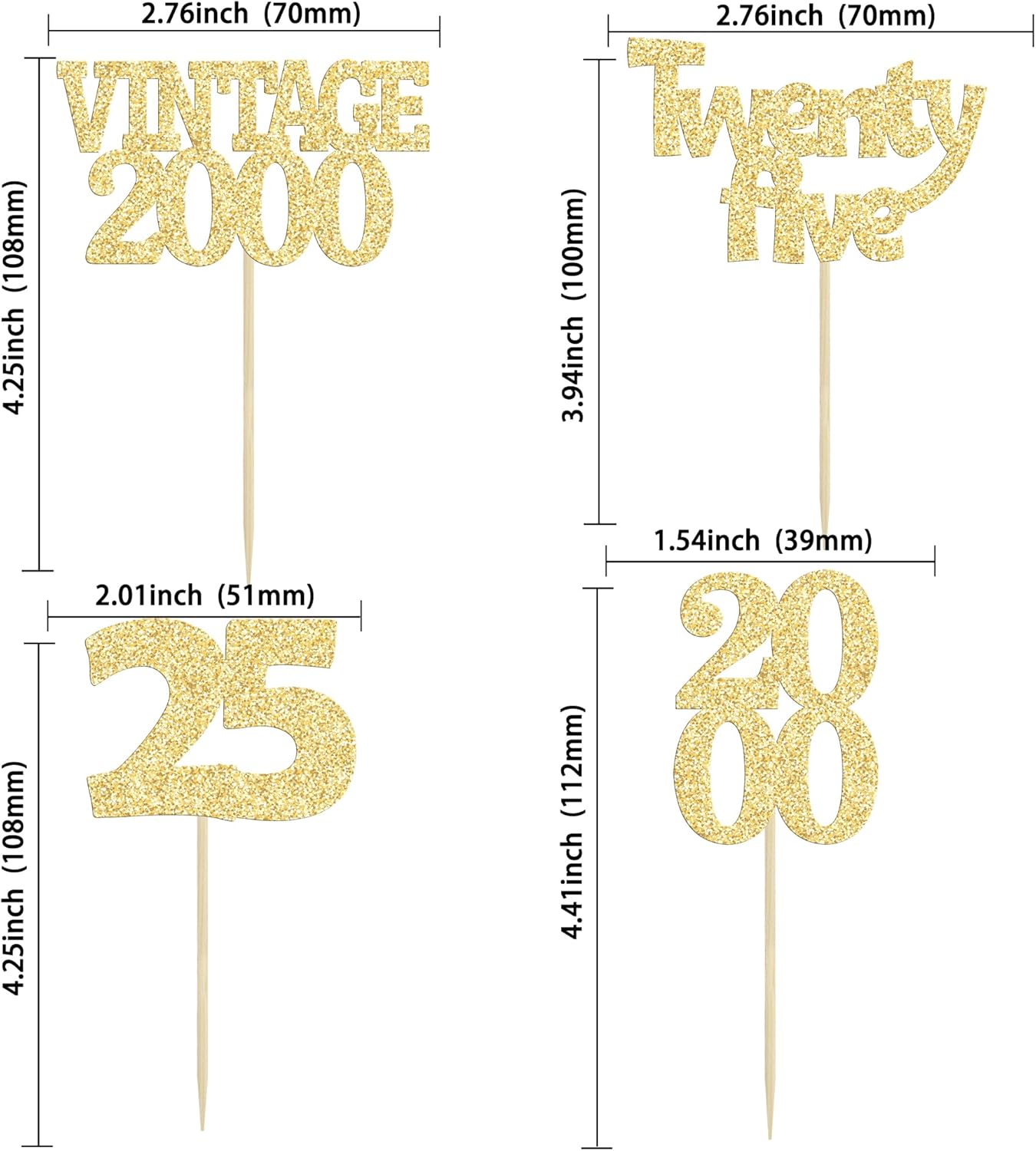 Gyufise 24Pcs Cheers to 25 Cupcake Toppers Glitter Twenty-five Vintage 2000 25th Birthday Cupcake Picks Hello 25 Years Birthday Cake Decorations for Happy 25th Anniversary Party Supplies Gold