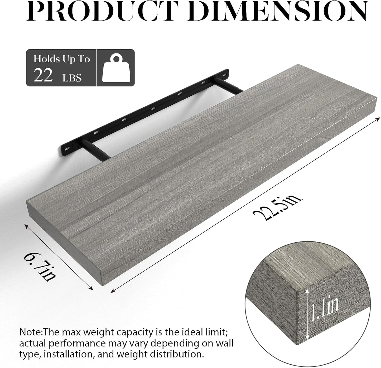 BAYKA Floating Shelves, 22.5" Rustic Wood Wall Mounted Shelves for Bathroom, Bedroom, Living Room, Kitchen, Hanging Shelf for Books/Storage/Decor (Grey,Set of 2)