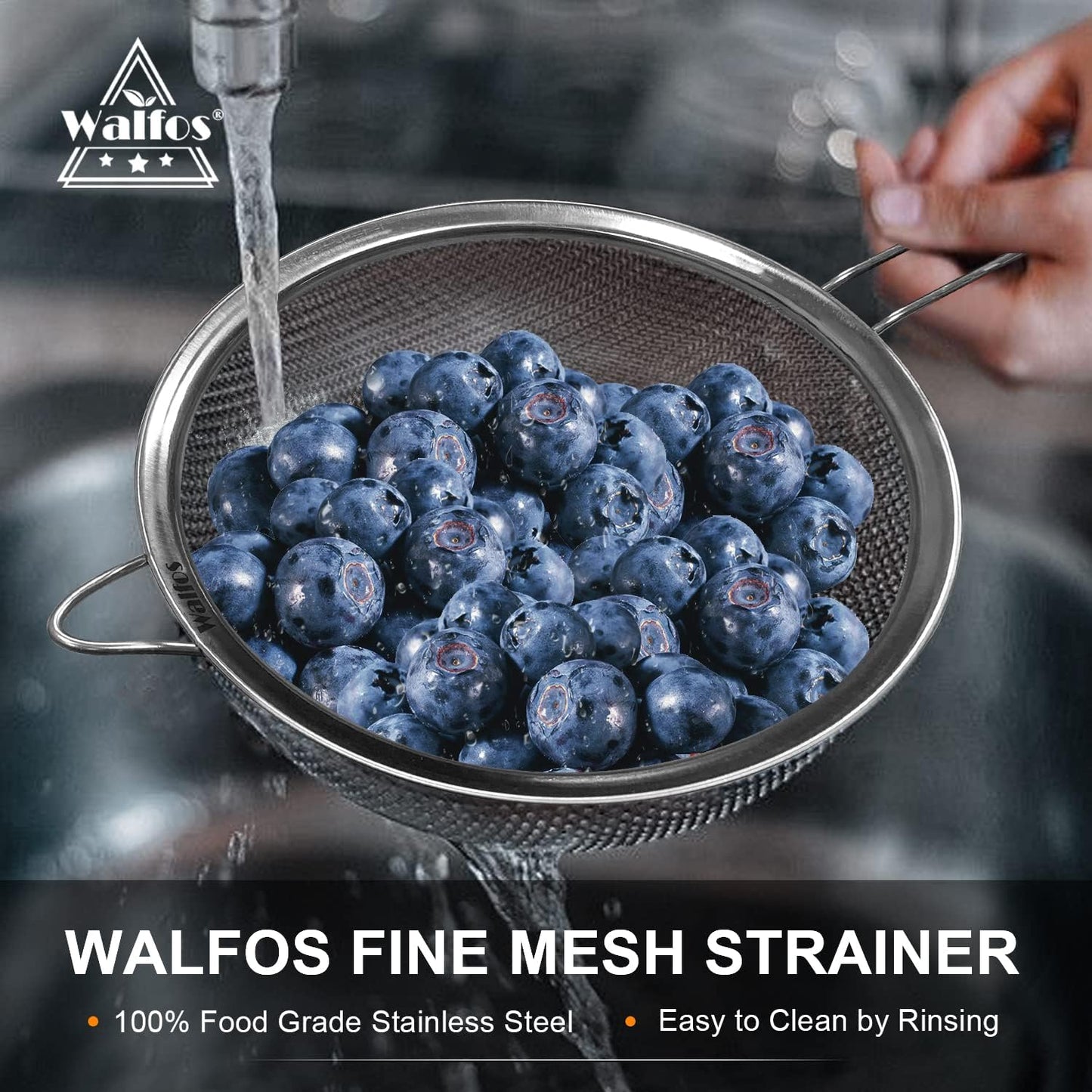 Walfos Extra Fine Mesh Strainer Set of 4-9.5", 7", 4.7", 2.8", Stainless Steel 30 Mesh Sieve with Sturdy Handle, Kitchen Food Strainers Sifters for Quinoa, Pasta, Fruits, Vegetables, Rice, Tea