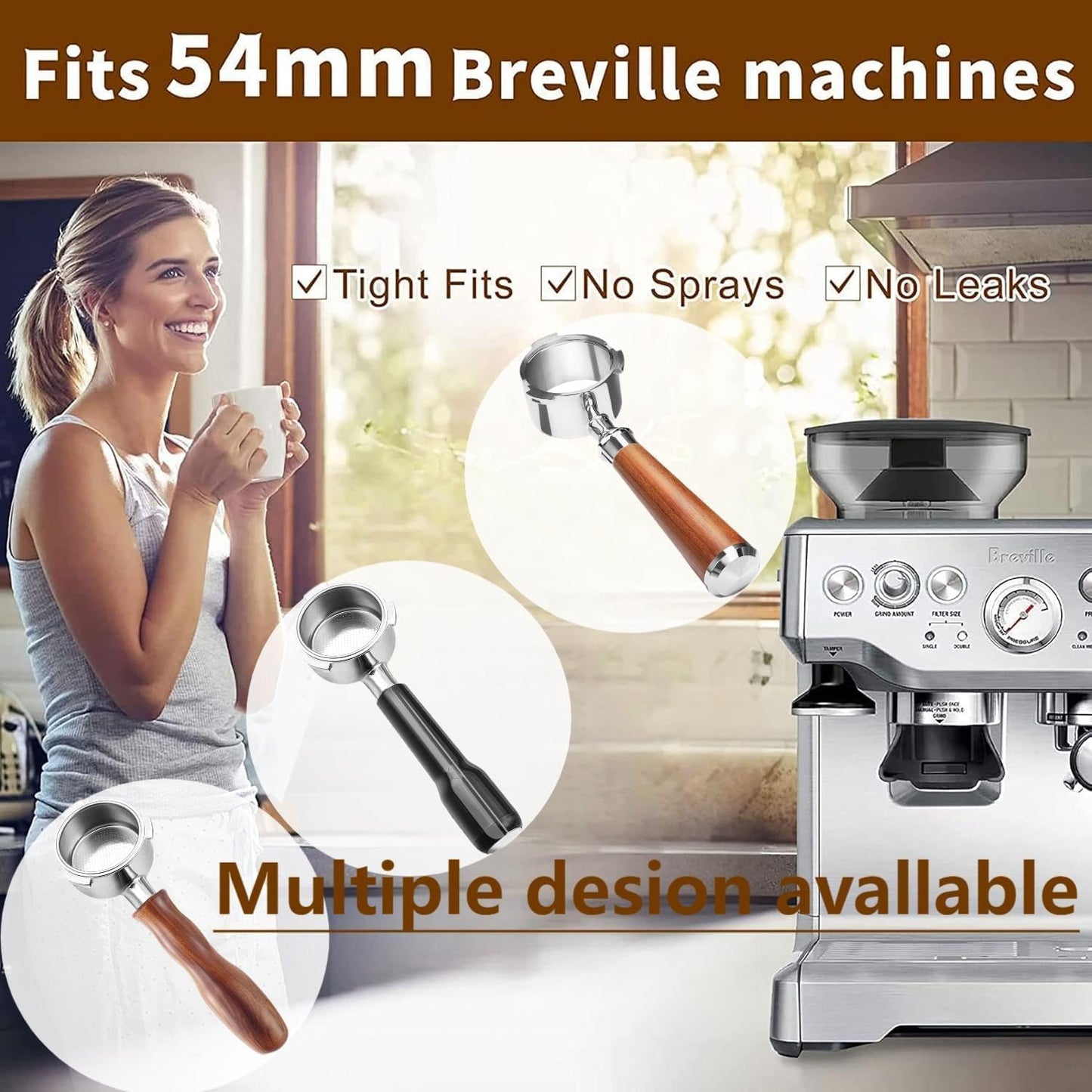 54mm Coffee Bottomless Portafilter, Compatible with Breville Barista Bes 870/878/880/876/840/810/500/450 Replacement Parts Bottomless Portafilter(Pear wood color)