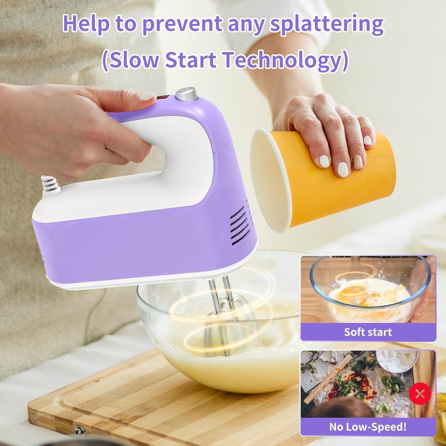 CBQ Hand Mixer Electric, 9 Speed 400W Handheld Mixer with Digital, Touch Button, Turbo, Storage Case, 5x Stainless Steel Accessories, Mixer Electric Handheld for Cake, Cookie, Egg (Lavender Purple)