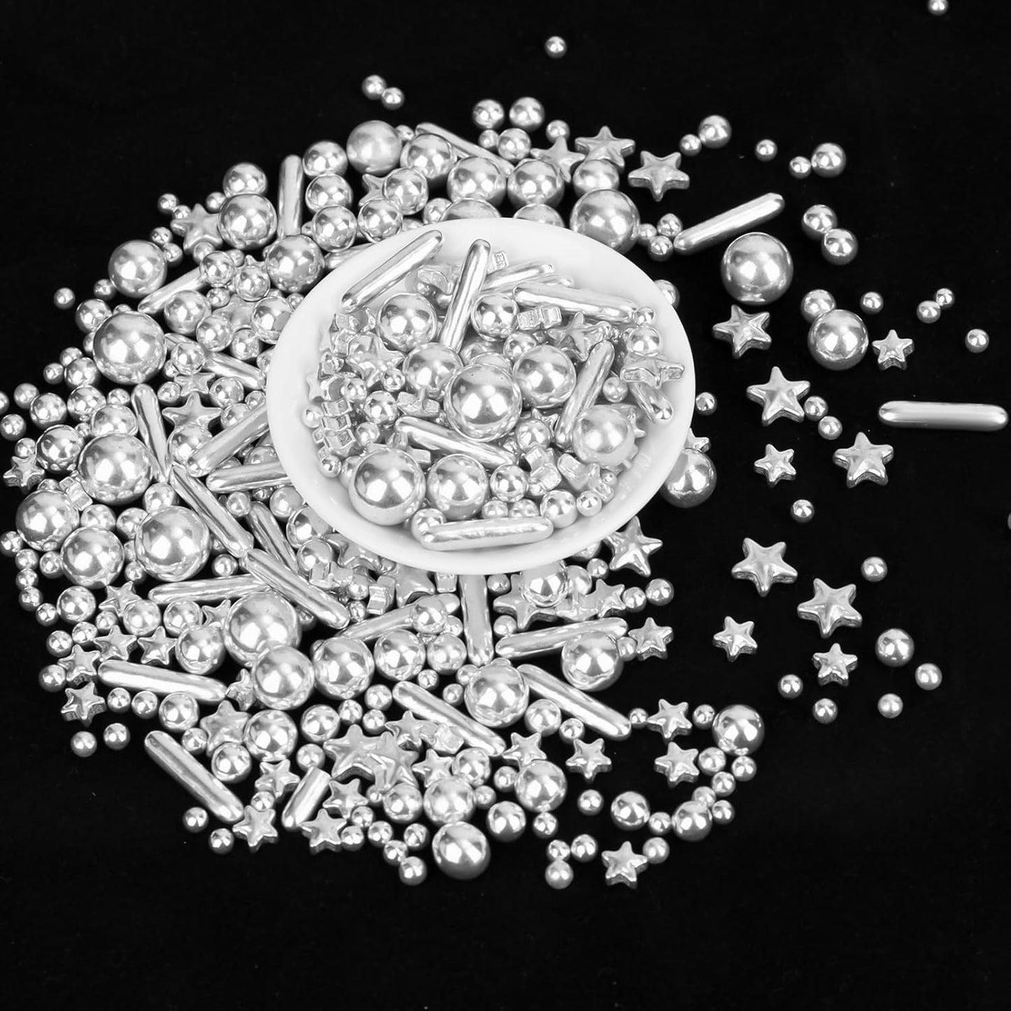 Twisweet Silver Pearl Rods Star Sprinkles, Edible Sugar Sprinkles for Cake Decorating, Mix Size Candy Pearls for Baking Cake Topper Ice Cream Cupcake Cookie Dessert Decorations, Wedding Valentines Birthday Christmas Easter Supplies (130g/4.58oz)