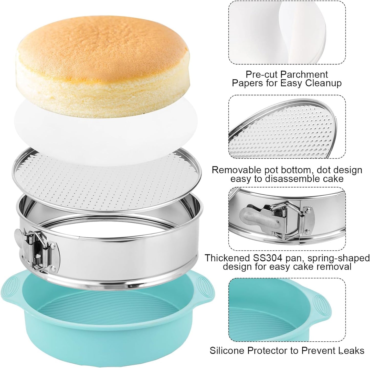 9inch 304 Stainless Steel Springform Cake Pan with Detachable Bottom, Silicone Cheesecake Pan Protector, Parchment Paper, Decorating Kit Piping Bags and Tips- Ideal for Home Bakers