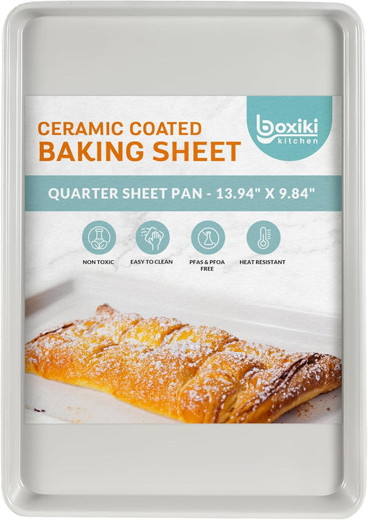 Boxiki Kitchen Non-Stick Ceramic Baking Sheet - Slick & Non-Toxic Ceramic Coating, PTFE & PFOA Free Cookie Sheet Pan - Perfect for Baking, Roasting, and More (Quarter Sheet Pan)
