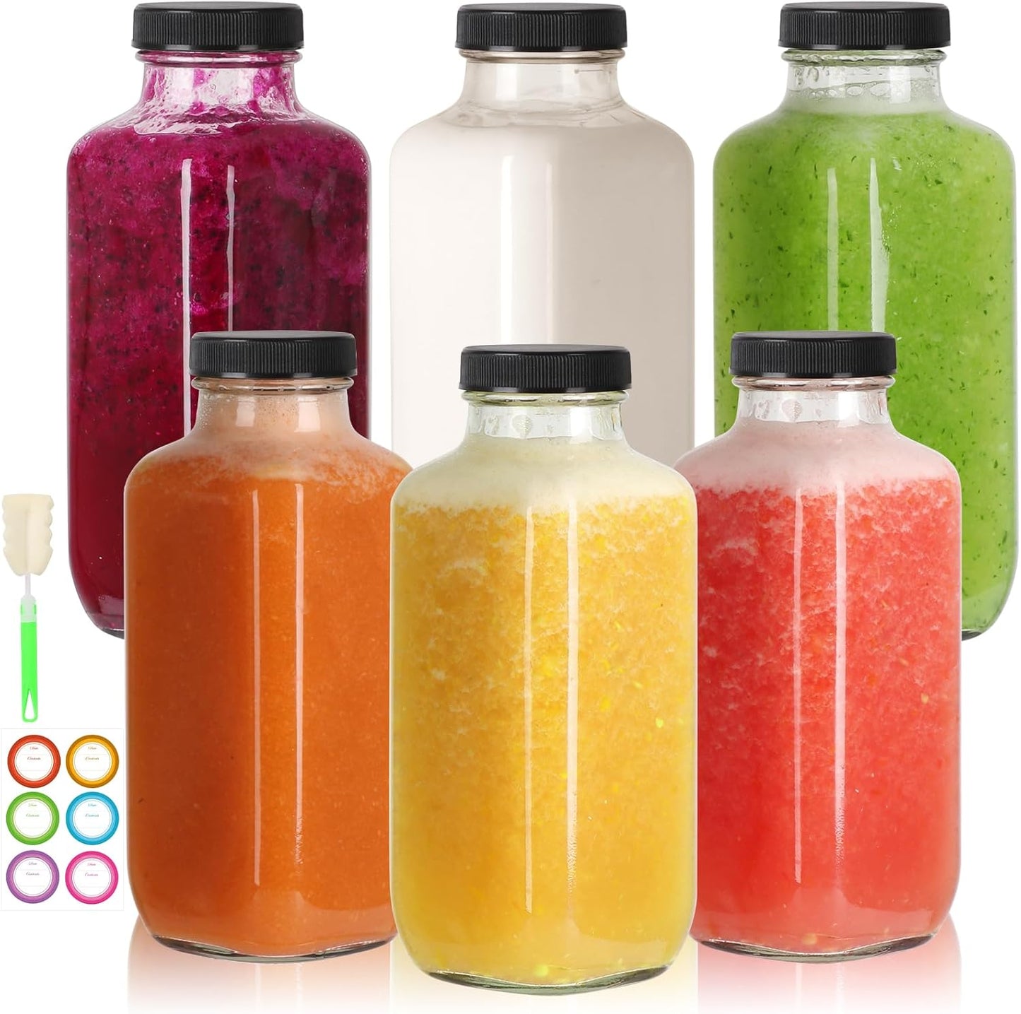 16 oz Glass Juice Bottles with Lids 6 Pack,Reusable Glass Drink Bottles,500ml Water Drinking Jars for Milk,Juicing,Kombucha,Ginger,Beverage Glassware,Juice Drinking Jars