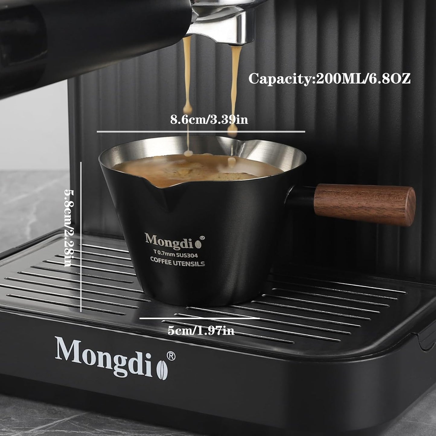 Mongdio 2 Pcs Espresso Measuring Cup, Stainless Steel Espresso Shot Cups with Wooden Handle and Double Spouts, 6.8OZ/200ML, Black