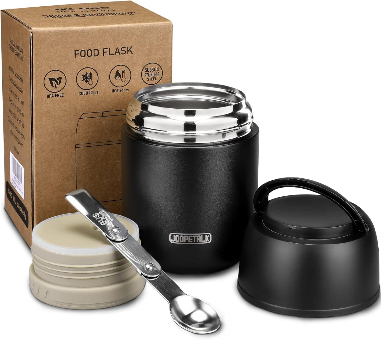 17 oz Insulated Lunch Containers, Black, Vacuum Stainless Steel Thermo Lunch Box with Handle and Folding Spoon for School, Office, Travel