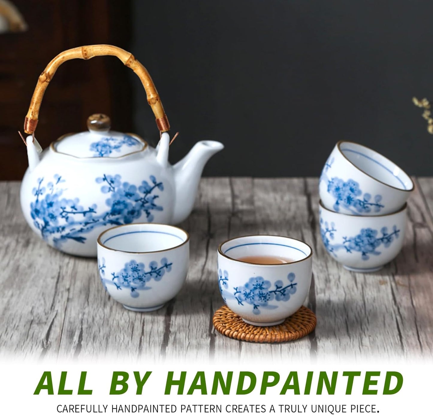 Japanese Tea Set Porcelain Tea Set with Teapot and Tea Cup Set for 4, Blue and White Tea Sets for Adults with Stainless Infuser and Bamboo Tray, Asian Tea Set for Tea Lovers/Women/Men (Plum & Bamboo)