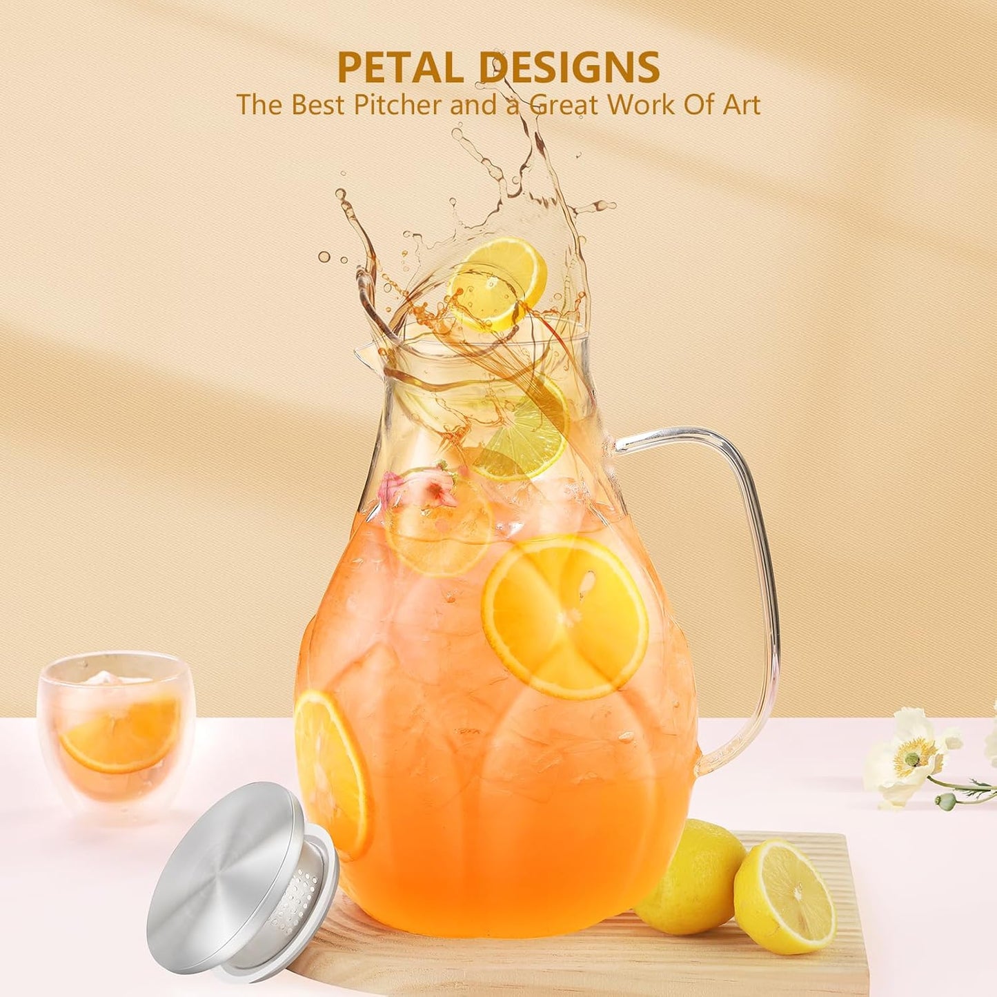 Glass Pitcher With Lid, 102oz Unique Petal Design, Stainless Steel Large Iced Tea Pitcher, Easy To Clean Lightweight Borosilicate Glass For Cold And Hot Beverages