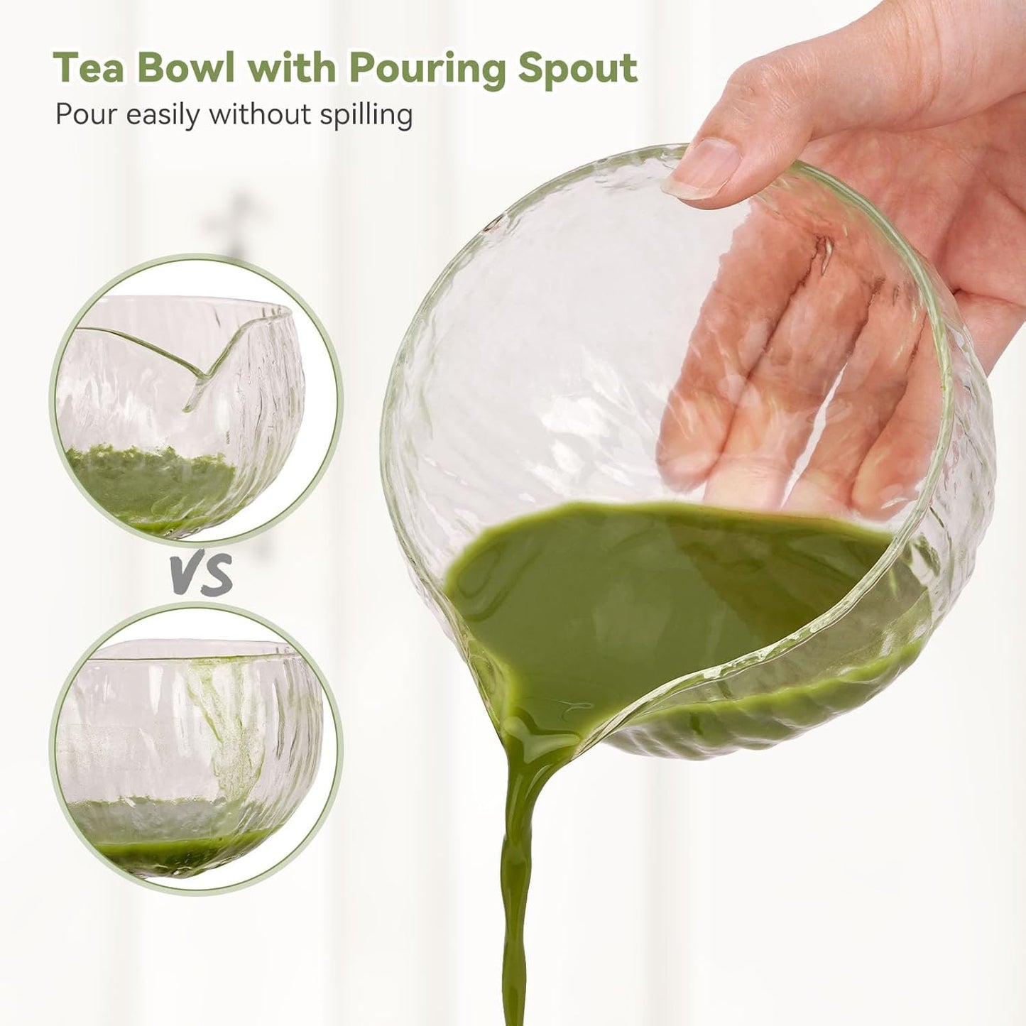 10-Pcs Matcha Kit Set, Whisk and Bowl with Spout & Measuring Spoon, Japanese Matcha Tea Making Tools, Transparent Textured Glass