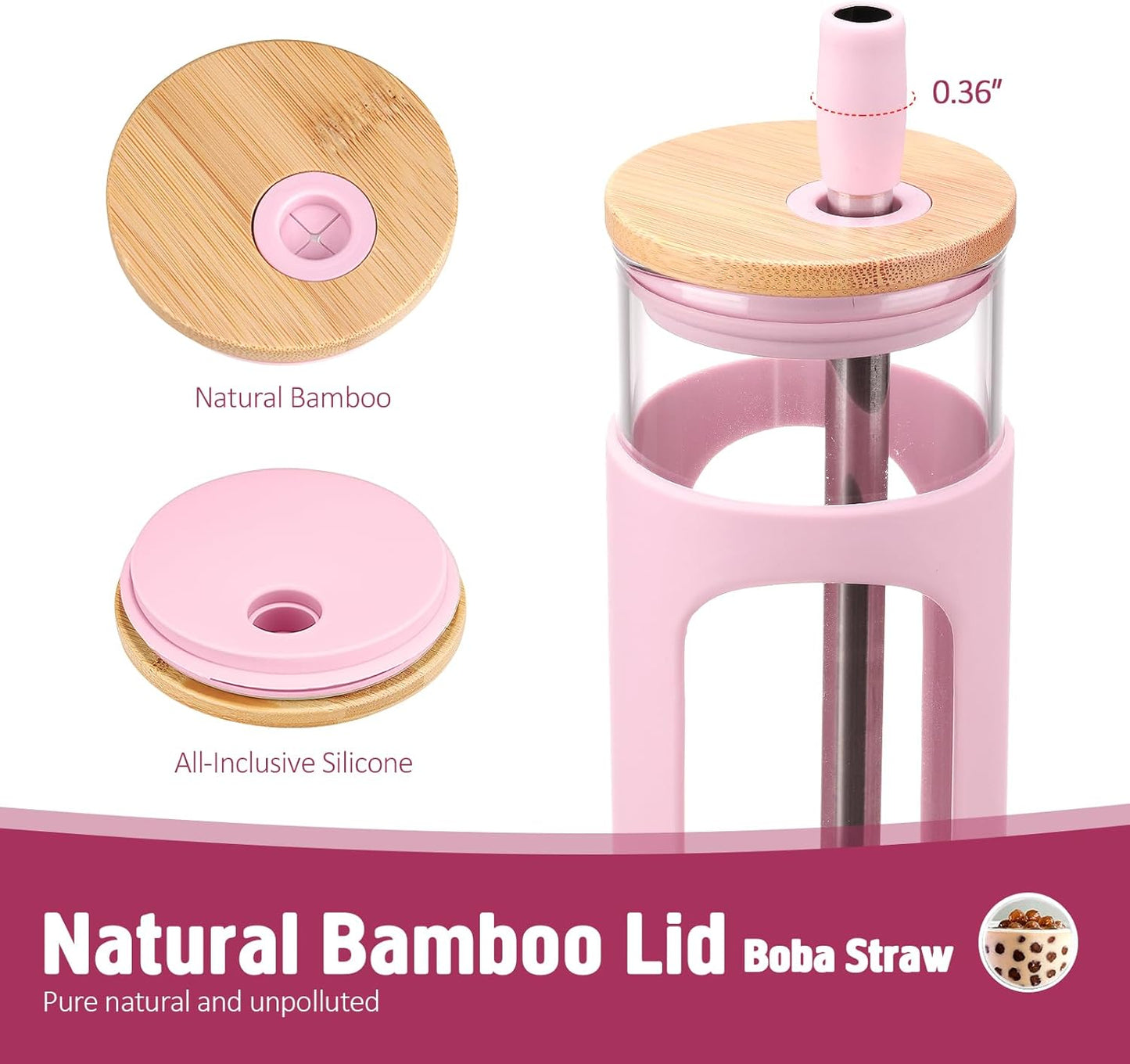 Kodrine 24oz Glass Tumbler with 2 Lids and Straws, Glass Cup With Bamboo Lid and On-the-go Lid, Reusable Iced Coffee Cup, Ideal for Smoothie, Cold Drinks, Fit Cup Holder, BPA Free (1, Pink)