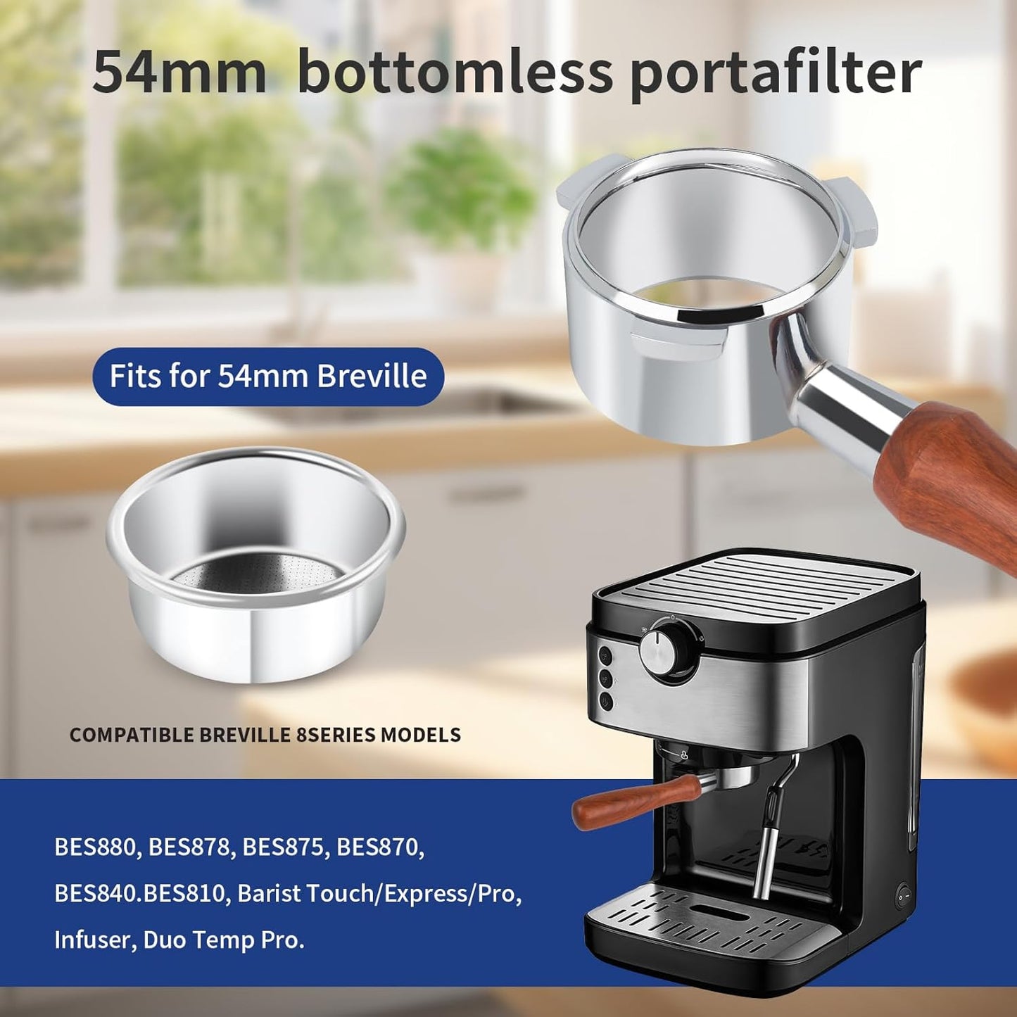 54mm Bottomless Portafilter - 3-Ear Stainless Steel - For Breville Barista Express (BES870, 878, 875, 840, Duo-Temp Pro) - Solid Wood Handle