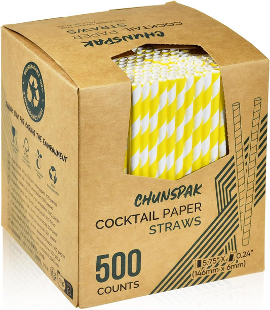 5.75 inch Short Yellow Paper Drinking Straws for Cocktail, Coffee, Mixed Drinks, 500 Counts - Compostable