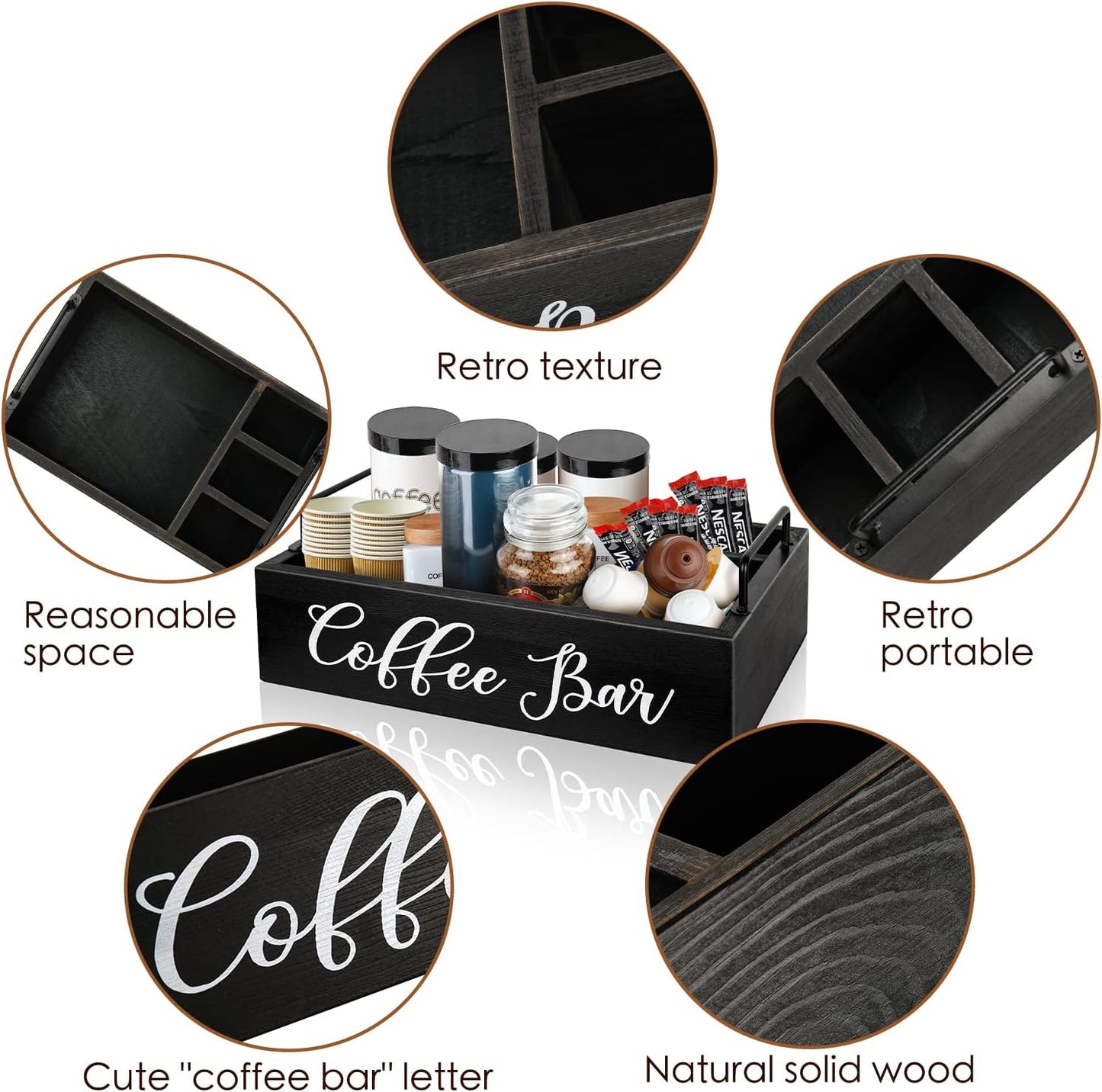 Coffee Station Organizer Wooden Coffee Bar Holder Accessories for Countertop, Farmhouse Kcup Pod Storage Basket with Handle - Black