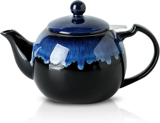 KOOV Tea Pot with Infuser for Loose Tea, 34 ounce Ceramic Teapot with Infuser, Enough For 6 Cups, Tea Pots with Tea Strainers for Tea Party, Reactive Glaze (Nebula Blue)