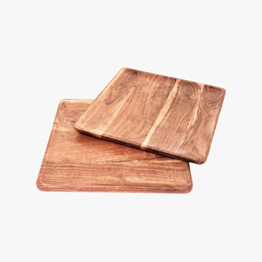DEVLA Square Acacia Wood Plates, 11 Inch, Set of 2, Wooden Serving Trays for Meals and Snacks