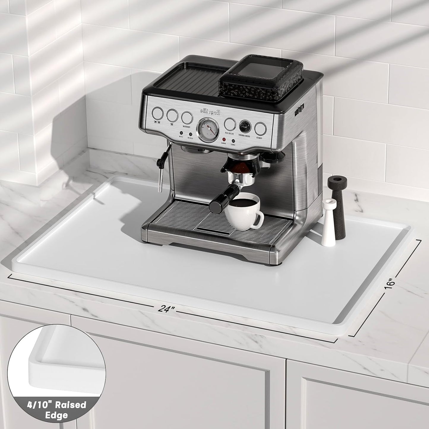 Rnivvi Silicone Coffee Mat, 16" x 24" Waterproof Raised Edge Coffee Bar Mats for Espresso Machine Station Accessories, Heat Resistant Dish Drying Pad for Kitchen Counter, Rubber Bar Decor Pad, White