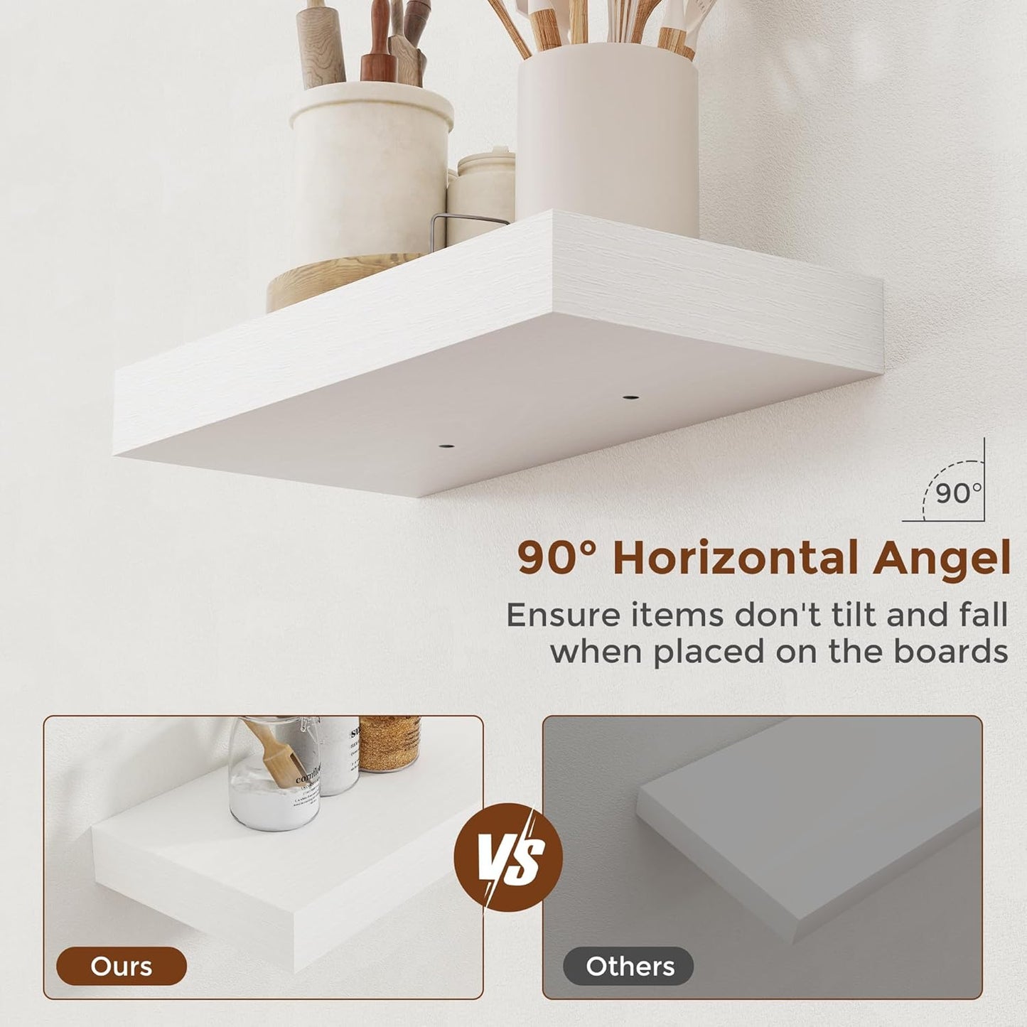 Heimlove 16 Inch Floating Shelves for Wall White Shelves Set of 2,Wall Mounted Rustic Wood 8 Inch Deep Floating Shelf with Invisible Brackets for Bedroom Kitchen Living Room