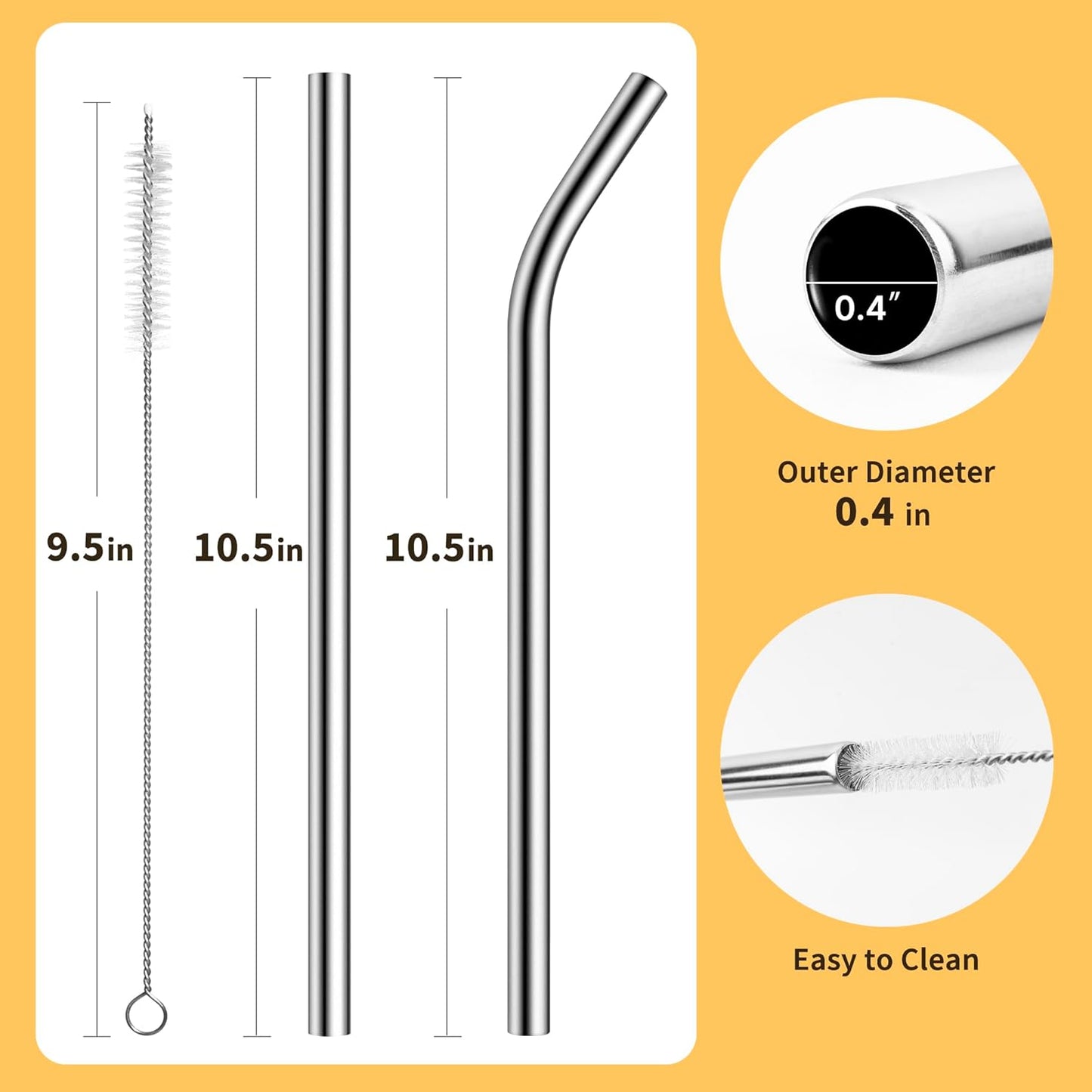 Metal Smoothie Straws Reusable, 0.4'' Extra Wide Stainless Steel Drinking Straws for Milkshake, Smoothie, Thick Beverages, Cleaning Brush