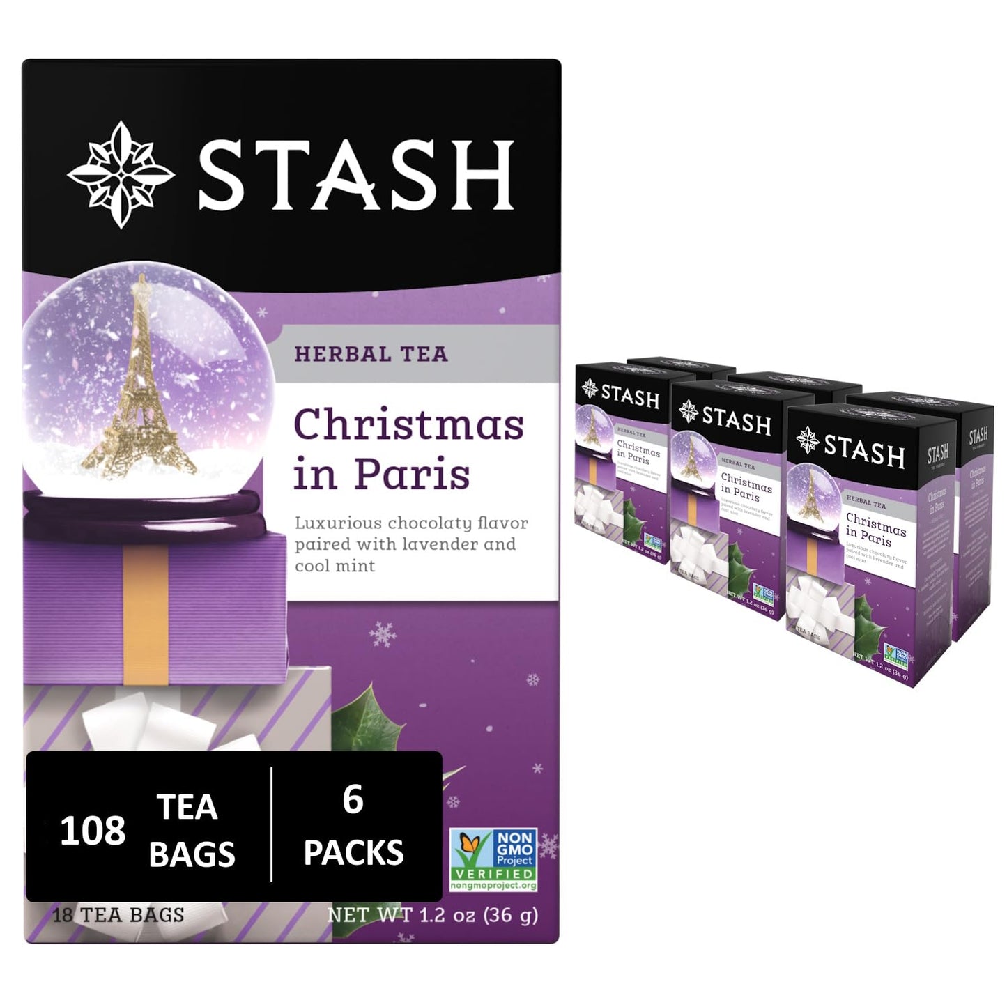 Stash Tea Christmas in Paris Herbal Tea - Non-GMO Project Verified Premium Tea with No Artificial Ingredients, 18 Count (Pack of 6) - 108 Bags Total