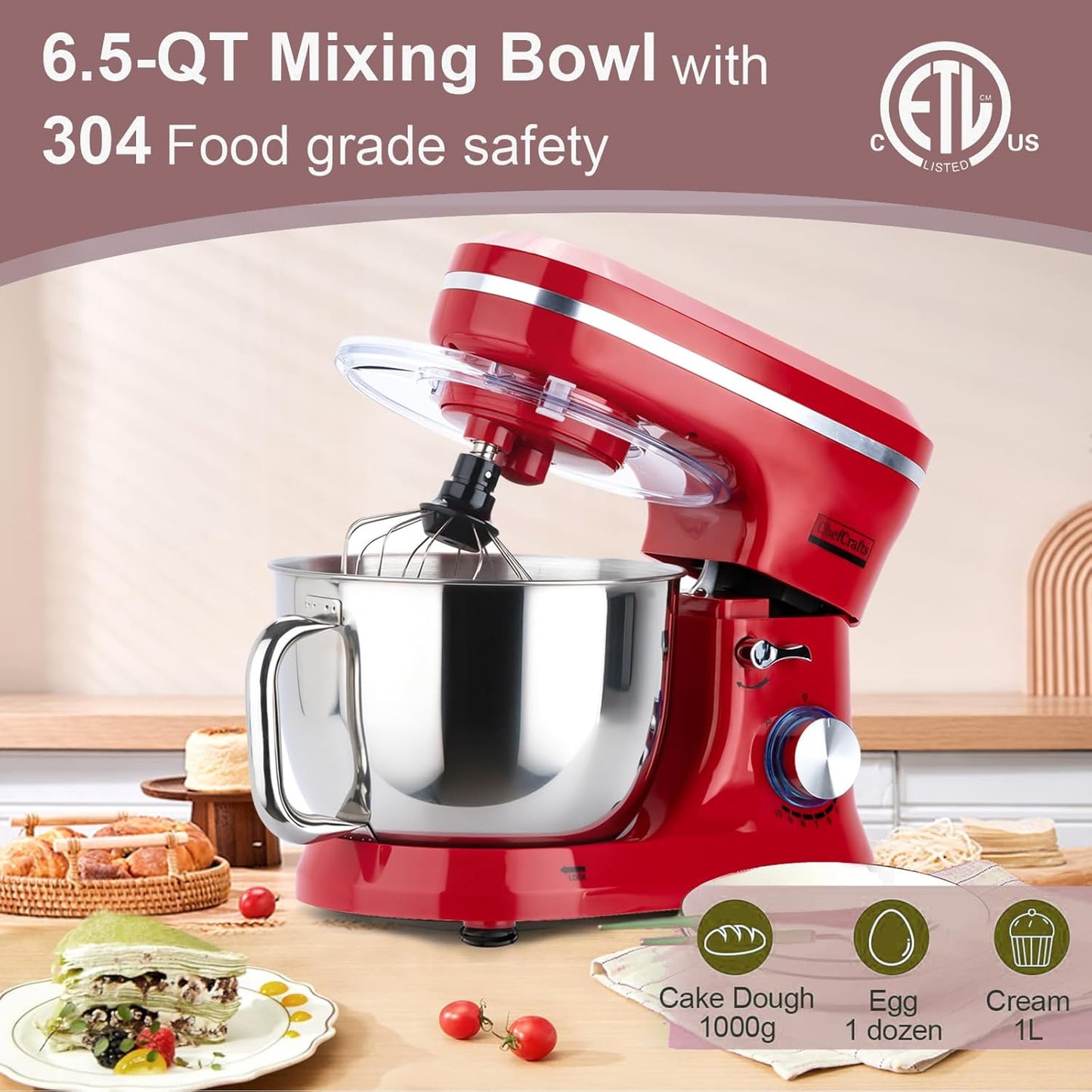 Household Stand Mixer with 6.5 Quart Bowl, Electric Food Mixer 10+p Speeds 660W, Kitchen Tilt-Head Bread Dough and Cake Mixers with Dough Hook, Whisk, Beater, Splash Guard and Egg Separator (Red)