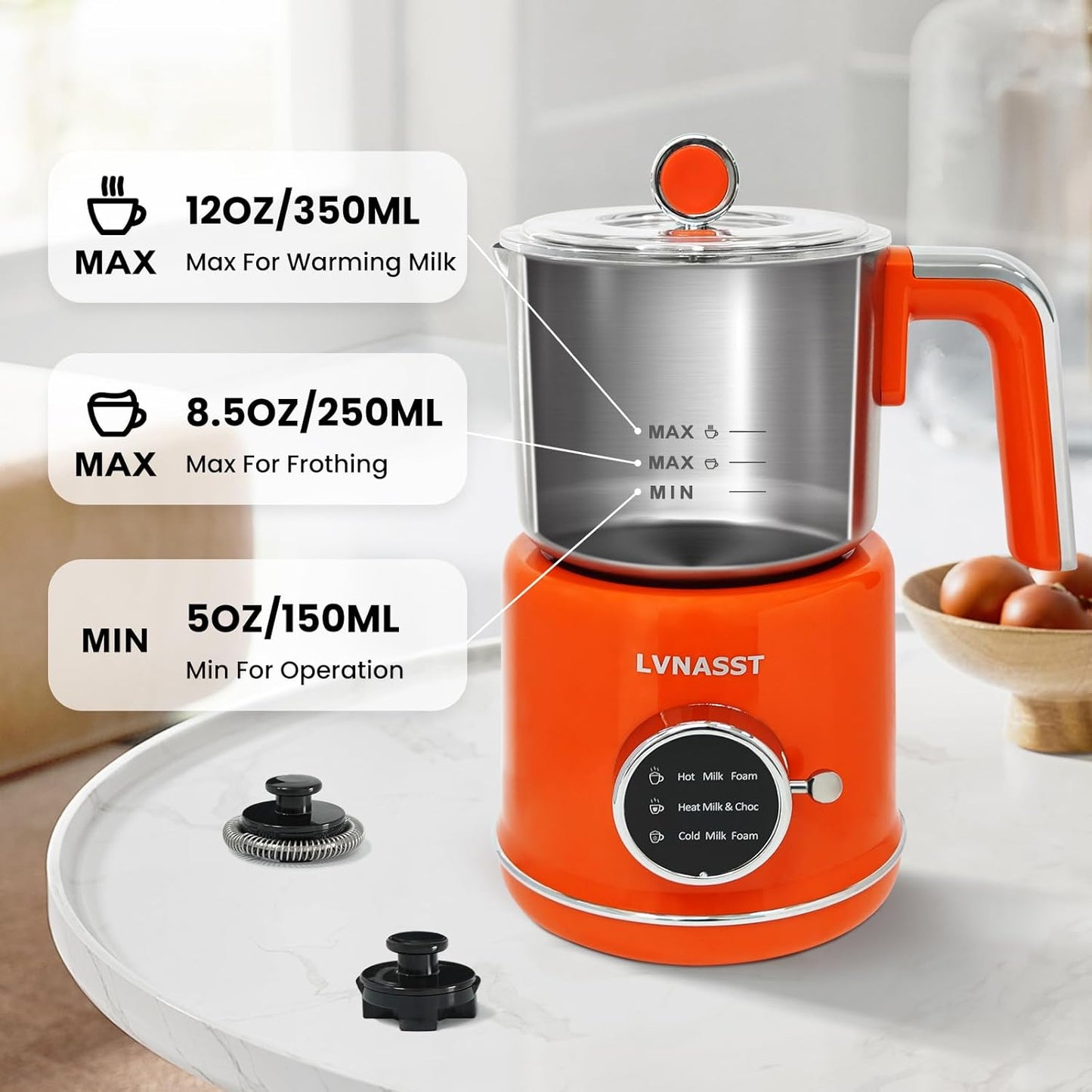 Stainless Steel Milk Frother for Coffee, 3-in-1 Electric Milk Warmer & Foam Maker, 12oz Hot Cold Frothing, Thick Foam for Macchiatos, Cappuccinos (Orange)