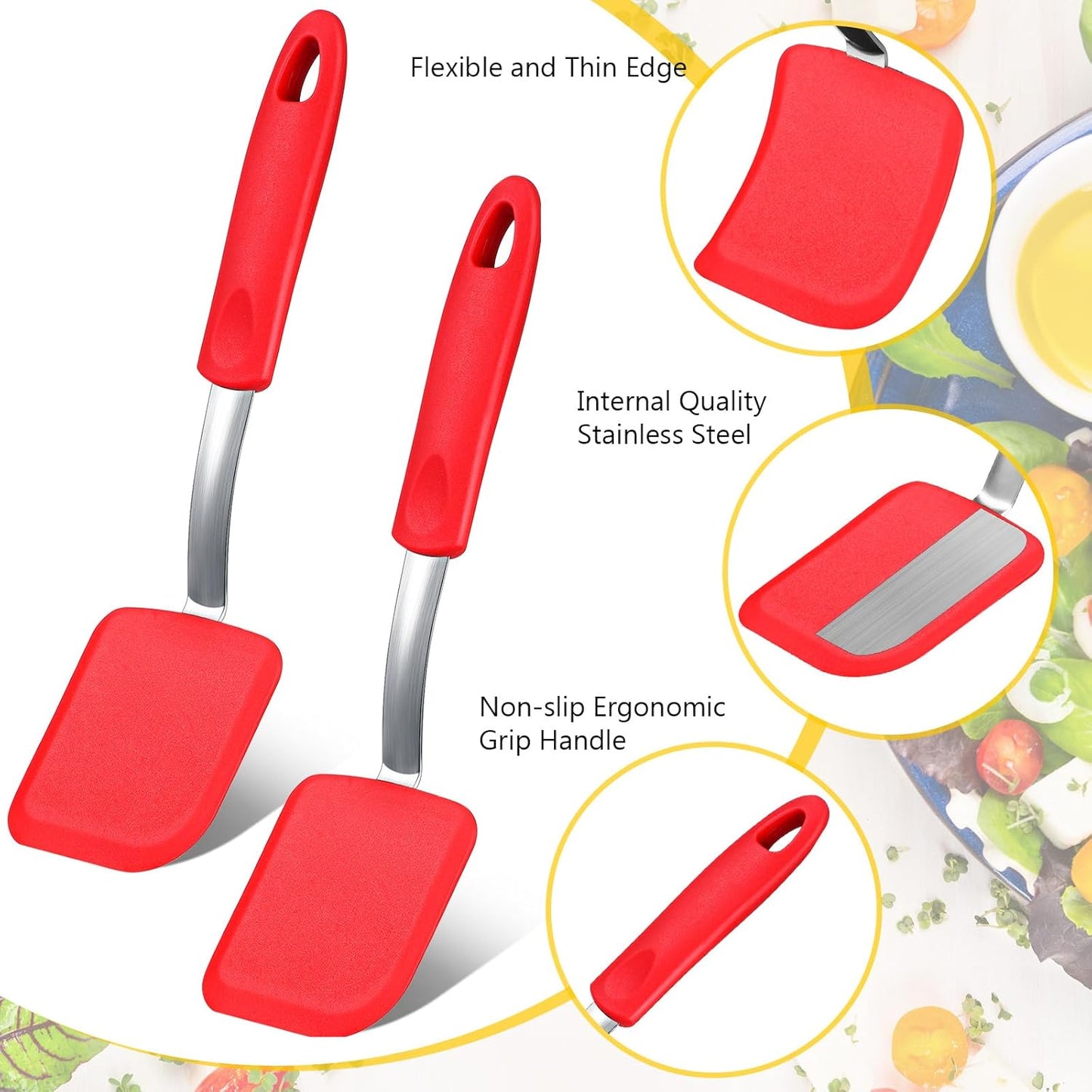 Silicone Cookie Spatula Turner 2 Pack Mini Brownie Spatula Flexible Kitchen Small Silicone Turner for Nonstick Cookware Heat Resistant No Scratch Flipper for Egg Pancake(Red)